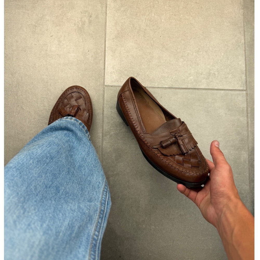 Vintage Bass Lloyd Mens Brown Leather Woven Tassel Kiltie Loafers 8W 1257-205